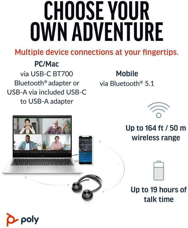 Alt view image 11 of 13 - Poly Voyager Focus 2 Headset - Microsoft Teams Certification - Google Assistant, Siri - Stereo - USB Type C - Wired/Wireless - Bluetooth - 298.6 ft - Over-the-head - Binaural - Supra-aural - 4" C