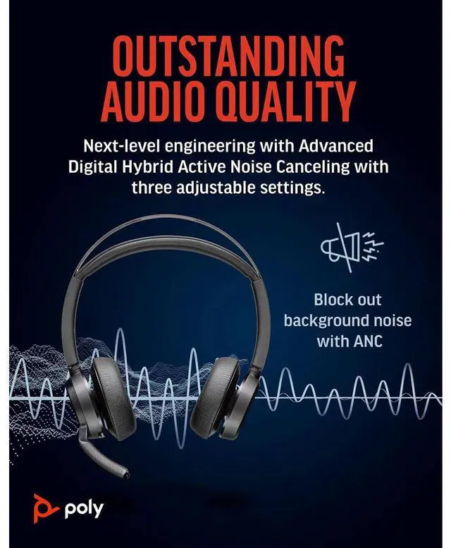 Alt view image 13 of 13 - Poly Voyager Focus 2 Headset - Microsoft Teams Certification - Google Assistant, Siri - Stereo - USB Type C - Wired/Wireless - Bluetooth - 298.6 ft - Over-the-head - Binaural - Supra-aural - 4" C