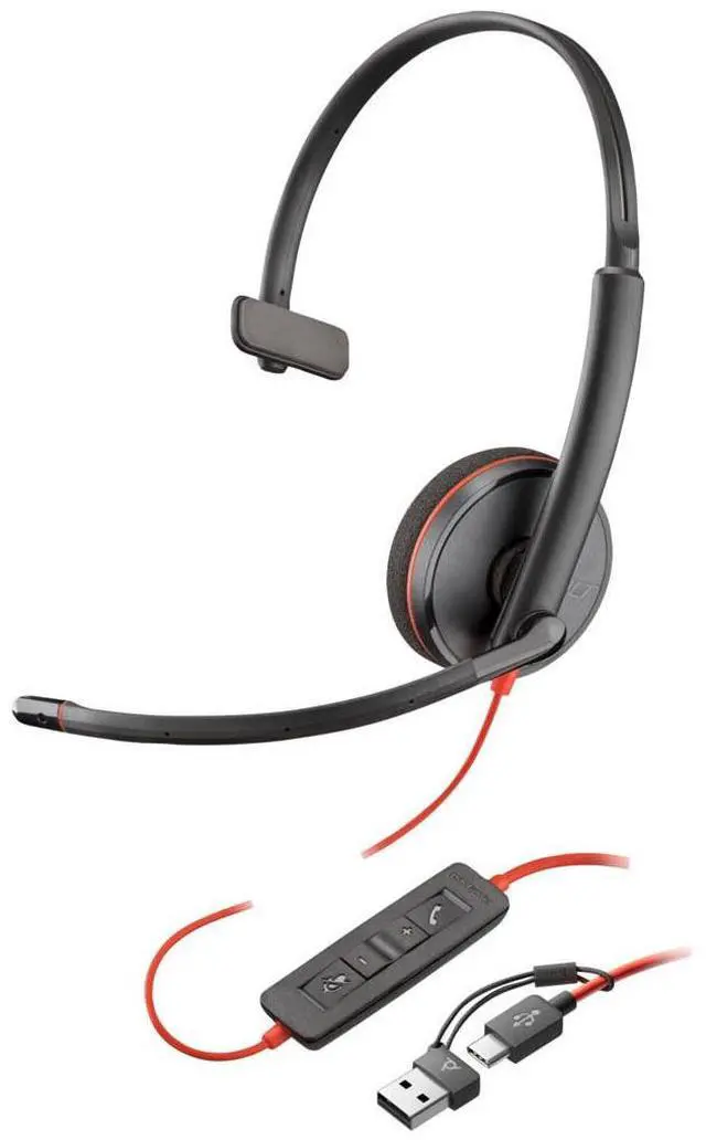 Alt view image 4 of 9 - Poly Blackwire 3210 Monaural USB-C Headset +USBC/A Adapter - Mono - USB Type C, Mini-phone (3.5mm) - Wired - 32 Ohm - On-ear - Monaural - Ear-cup - 5.20 ft Cable - Omni-directional Microphone - Noise