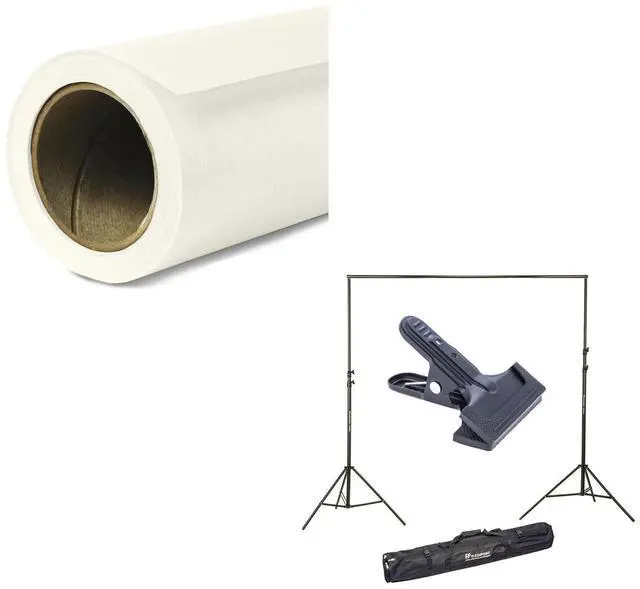 Main image of Savage Widetone Seamless Background Paper, 107" wide x 150' Pure White, #66 - Bundle With Flashpoint 10' Background Support System Air Cushioned, Flashpoint Clip Clamp with 2" Jaw