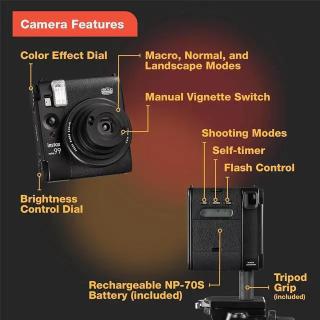 Alt view image 3 of 7 - Fujifilm Instax Mini 99 Instant Film Camera, Matte Black, Bundle with 2x Instant Daylight Film Pack and Slinger Photo Album