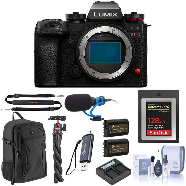 Main image of Panasonic LUMIX S1RII Mirrorless Camera, Bundle with 128GB CFexpress Type-B Card, 2x Battery, Dual Charger, 2x Charger Plate, MT-11 Tripod with Ball Head, Microphone, Backpack