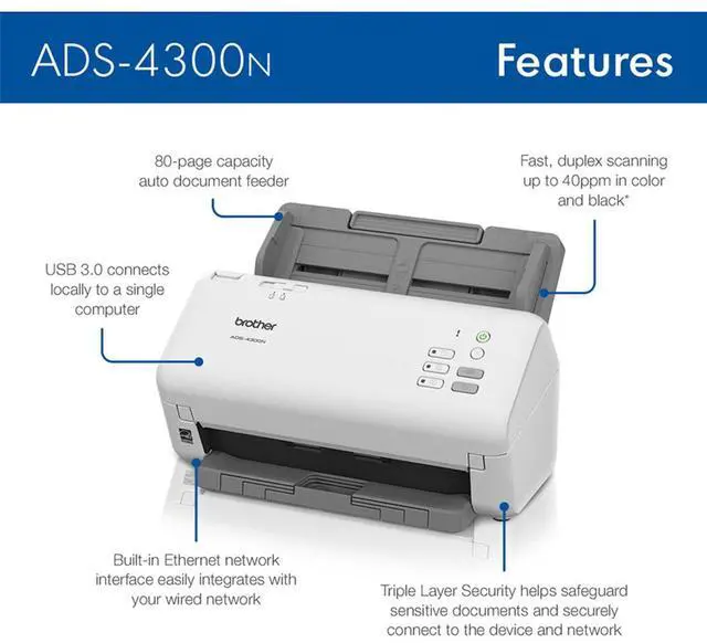 Alt view image 12 of 16 - Brother ADS4300N 24 bit Dual CIS 600 x 600 dpi Sheet Fed Professional Desktop Scanner