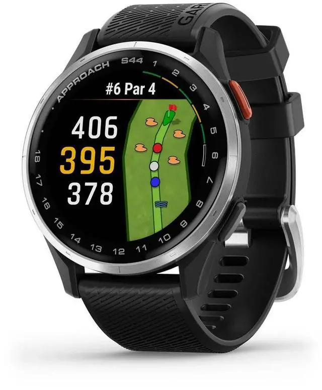 Alt view image 2 of 8 - Garmin Approach® S44, Essential Golf GPS Smartwatch, AMOLED Display, On-Course Features, Silver Aluminum Bezel with Black Silicone Band