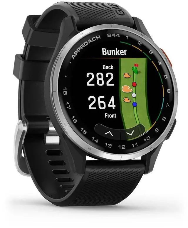 Alt view image 4 of 8 - Garmin Approach® S44, Essential Golf GPS Smartwatch, AMOLED Display, On-Course Features, Silver Aluminum Bezel with Black Silicone Band