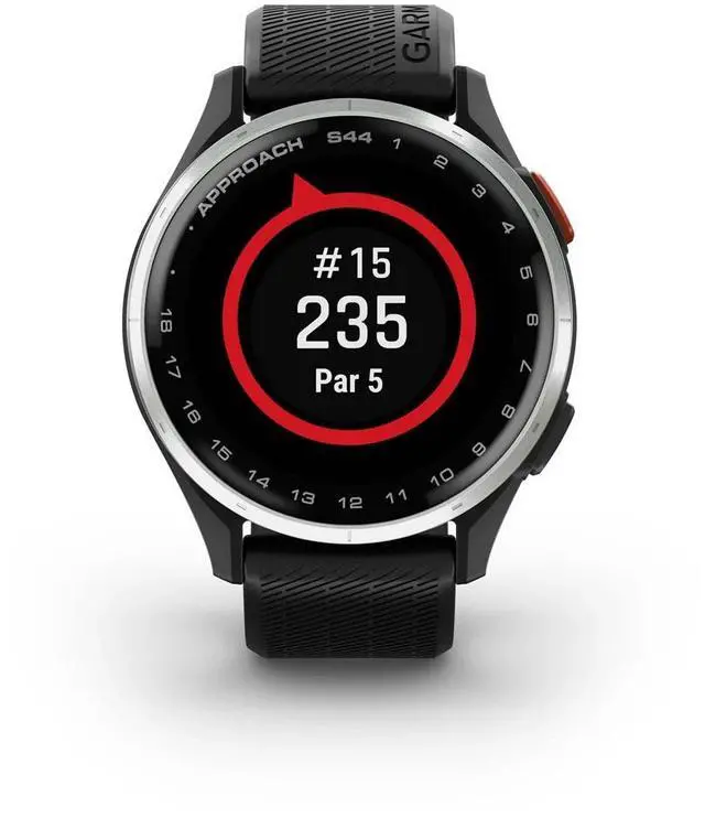 Alt view image 5 of 8 - Garmin Approach® S44, Essential Golf GPS Smartwatch, AMOLED Display, On-Course Features, Silver Aluminum Bezel with Black Silicone Band