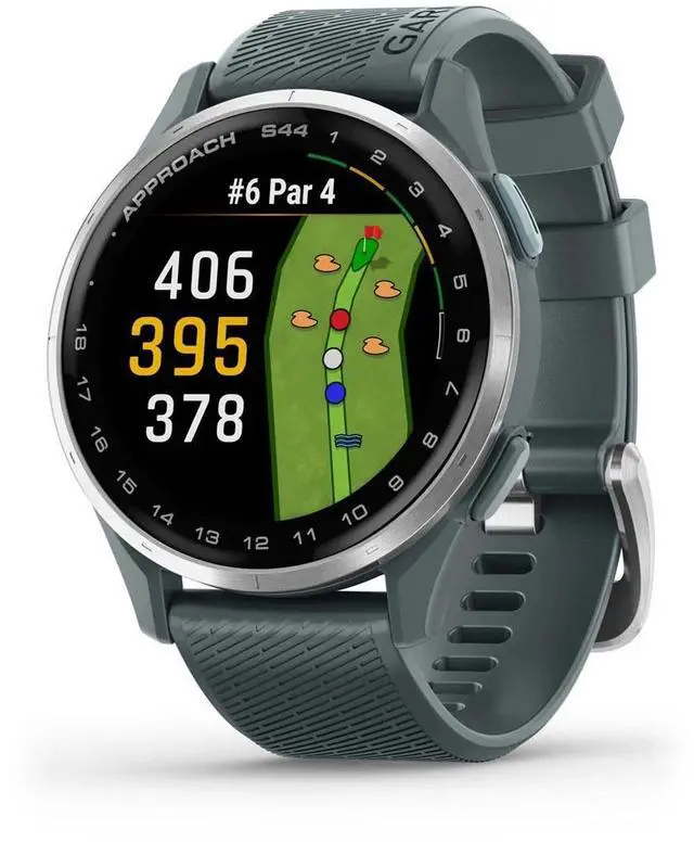 Alt view image 8 of 14 - Garmin Approach® S44, Essential Golf GPS Smartwatch, AMOLED Display, On-Course Features, Silver Aluminum Bezel with Twilight Silicone Band