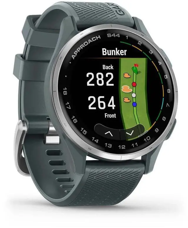 Alt view image 10 of 14 - Garmin Approach® S44, Essential Golf GPS Smartwatch, AMOLED Display, On-Course Features, Silver Aluminum Bezel with Twilight Silicone Band