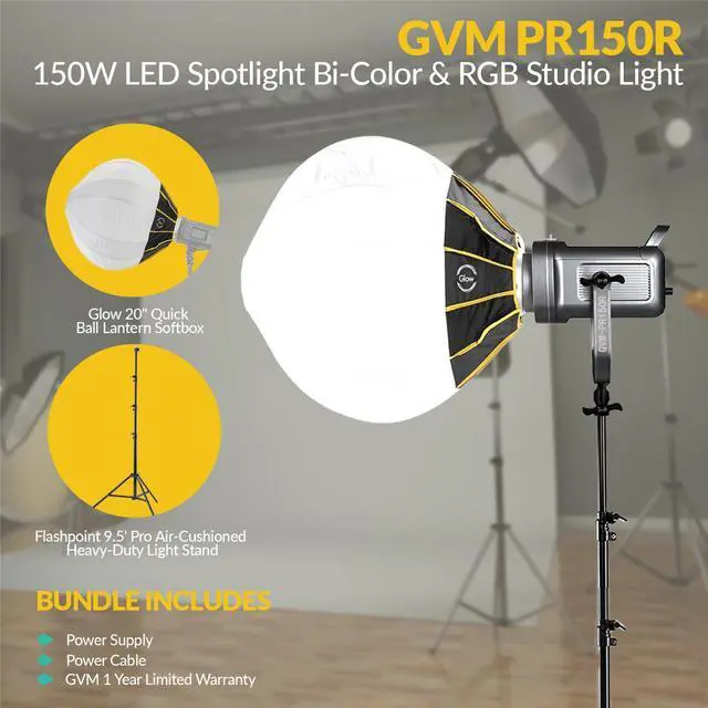 Alt view image 2 of 7 - GVM PR150R 150W LED Spotlight Bi-Color & RGB Studio Light with 20" Softbox,Stand