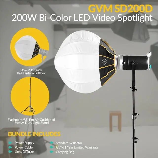 Alt view image 4 of 7 - GVM SD200D 200W Bi-Color LED Video Spotlight, w/20" Lantern Softbox & 9.5' Stand