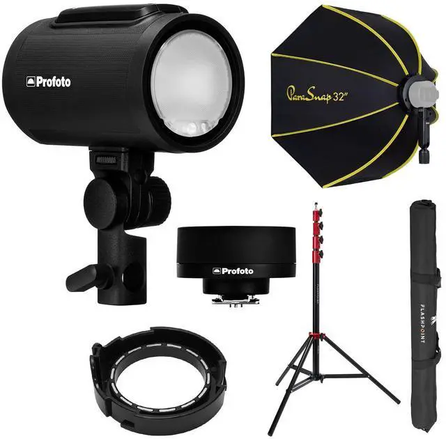 Alt view image 6 of 7 - Profoto A2 Off Camera Flash Head and Connect Wireless Transmitter Kit for Nikon Cameras with Fp light stand 9.5' air cushnd, Glow parasnap octagonal softbox, Glow parasnap adapter for profoto a2