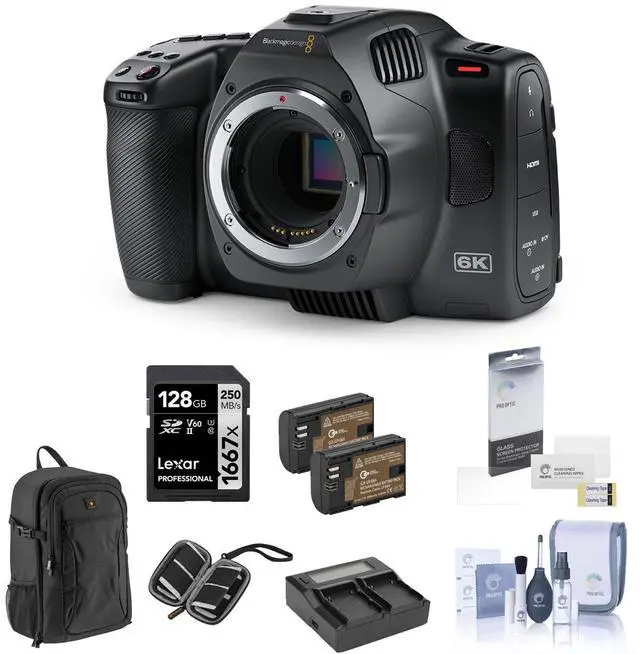 Main image of Blackmagic Design Pocket Cinema Camera 6K G2 Bundle with 128GB SD Card, Backpack, 2x Battery, Charger, Screen Protector, SD Card Case, Cleaning Kit