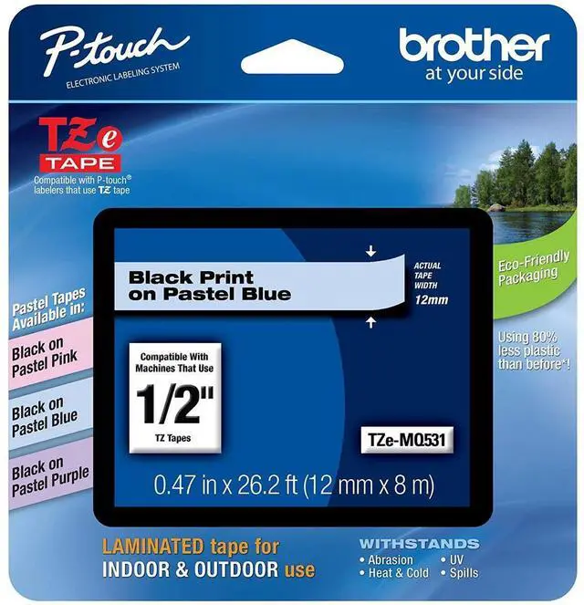 Alt view image 10 of 13 - Brother TZEMQ531 Tz Standard Adhesive Laminated Labeling Tape, 1/2 Inch W, Pastel Blue