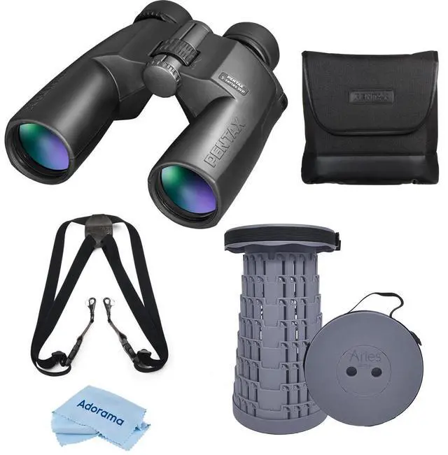 Main image of Pentax 12x50 SP Series WP Porro Prism Binocular, 5.0 Degree Angle of View, Black, Bundle with Telescoping Stool/Chair, Harness, Cleaning Cloth