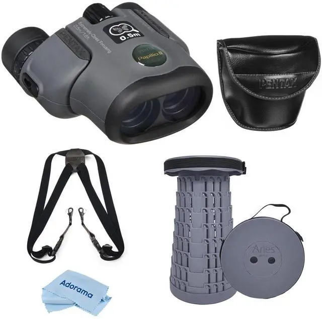 Main image of Pentax 6.5x21 Papilio II Porro Prism Binocular, 7.5 Degree Angle of View, Black, Bundle with Telescoping Stool/Chair, Harness, Cleaning Cloth