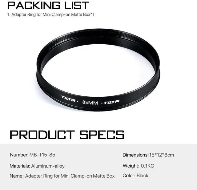 Alt view image 3 of 6 - Tilta 85mm Adapter Ring for Mini Clamp-on Matte Box, Black #MB-T15-85