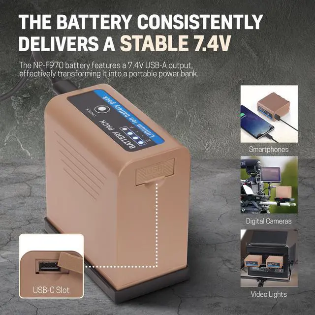 Alt view image 3 of 7 - Green Extreme NP-F970 76.3Wh 7.4V 10500mAh Lithium-Ion Battery Pack with USB-C Port, Brown