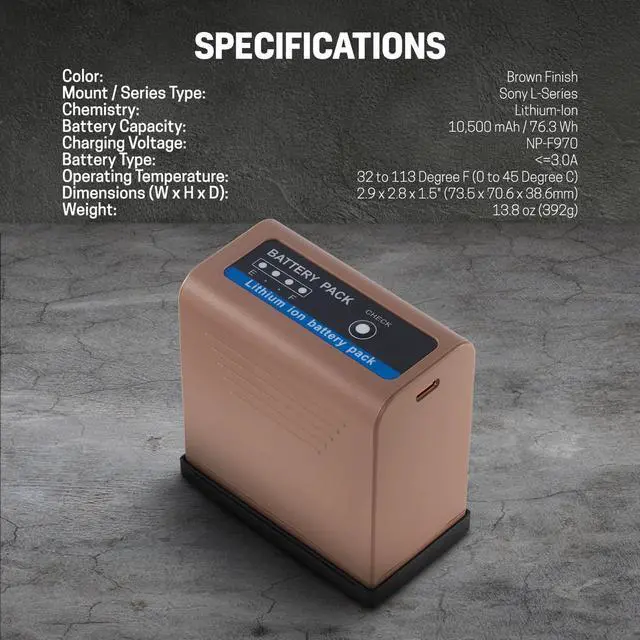 Alt view image 6 of 7 - Green Extreme NP-F970 76.3Wh 7.4V 10500mAh Lithium-Ion Battery Pack with USB-C Port, Brown