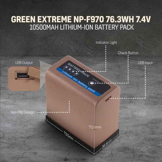 Alt view image 7 of 7 - Green Extreme NP-F970 76.3Wh 7.4V 10500mAh Lithium-Ion Battery Pack with USB-C Port, Brown