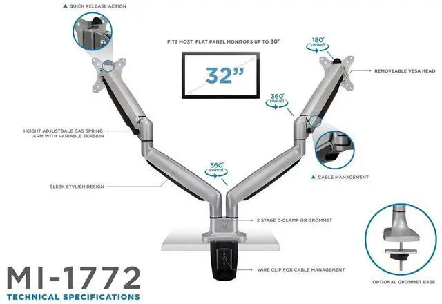 Alt view image 20 of 20 - Mount-It! Monitor Arm Desk Mount | Full Motion Articulating Height Adjustable | Fits 21-32 Inch Screens