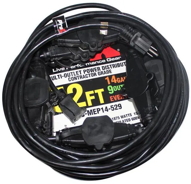 Main image of ProX XC-MEP14-529 52' 125V Male to 9 Socket 125V Female Power Cord 9 Outlet 14/3 Extension Cord, Black