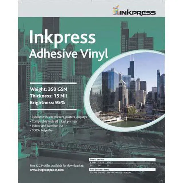 Alt view image 2 of 2 - Inkpress Adhesive Vinyl Signage Media, Universal Permanent Self Adhesive, 15 mil Vinyl Film, 44"x60' Roll
