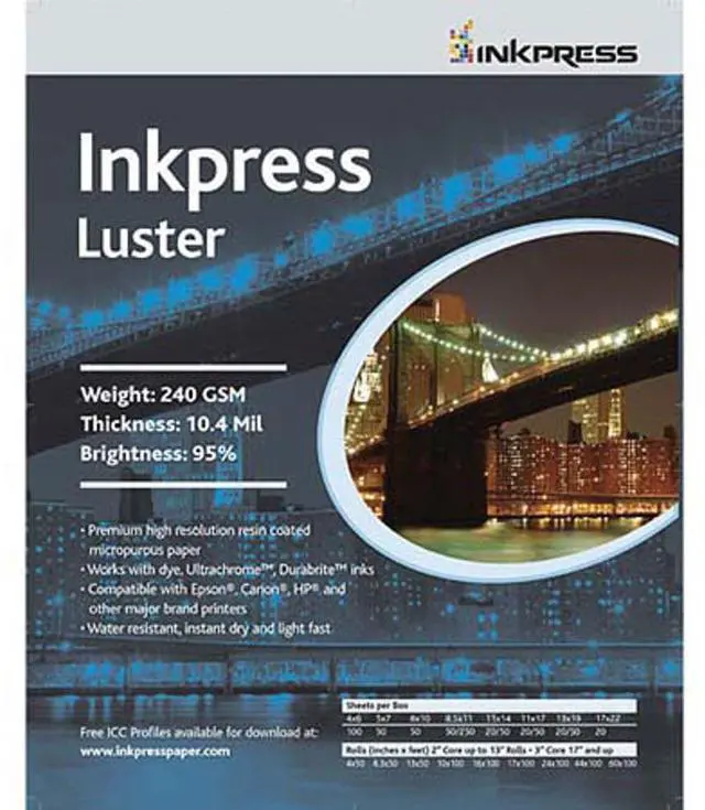 Main image of Inkpress Luster Premium Single Sided Bright Resin Coated Photograde Inkjet Paper, 10.4mil., 240gsm., 13x19", 250 Sheets