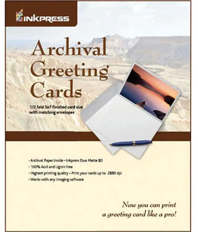 Main image of Inkpress Archival Greeting Cards for Inkjet 7x10" Scored Archival Greeting Card Paper, (Produces 5x7" Card), 100 Sheets with Matching Envelopes