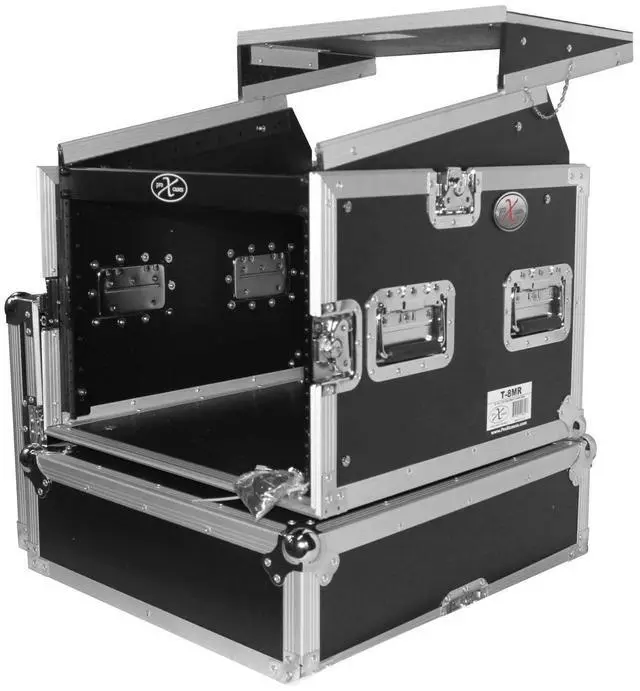 Alt view image 10 of 11 - prox cases t8mrlt 8 space 10u top load slant dj mixer road gig ready flight case combo rack w/gliding laptop shelf