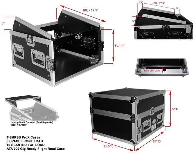 Alt view image 11 of 11 - prox cases t8mrlt 8 space 10u top load slant dj mixer road gig ready flight case combo rack w/gliding laptop shelf