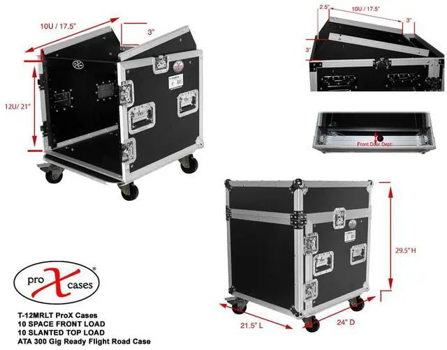 Alt view image 10 of 13 - prox cases t12mrlt 12 space 10u top load slant dj mixer  road gig ready flight combo rack w/gliding laptop shelf