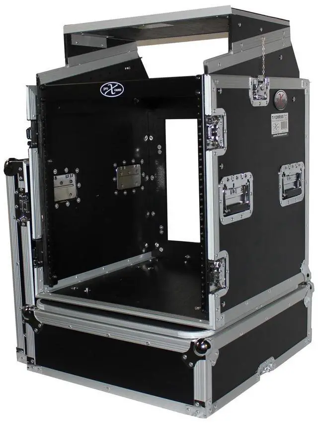Alt view image 12 of 13 - prox cases t12mrlt 12 space 10u top load slant dj mixer  road gig ready flight combo rack w/gliding laptop shelf