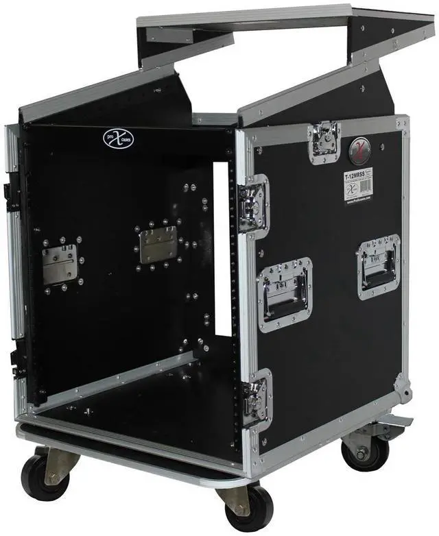 Alt view image 13 of 13 - prox cases t12mrlt 12 space 10u top load slant dj mixer  road gig ready flight combo rack w/gliding laptop shelf
