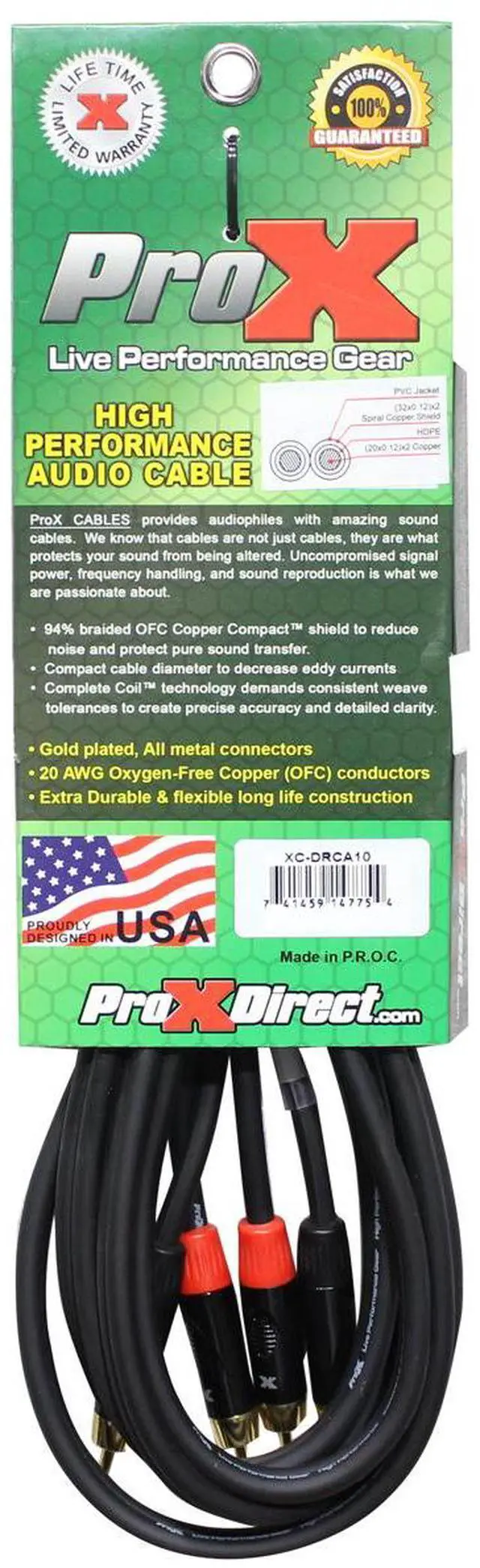 Alt view image 4 of 6 - ProX Dual RCA to Dual RCA Cable, 10', Gold Plated