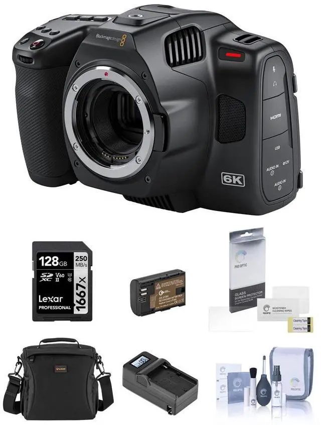Main image of Blackmagic Design Pocket Cinema Camera 6K Pro Bundle with 128GB SD Card, Shoulder Bag, Charger, Extra Battery, Screen Protector, Cleaning Kit
