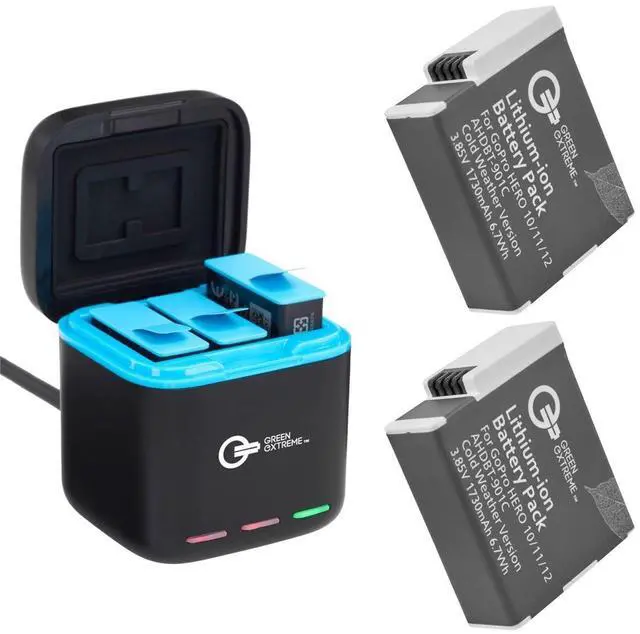 Main image of Green Extreme Battery Charger Kit for GoPro Hero 12 11 10 9, 2-Pack Battery + Triple Charge Case with Type-C Charging Cord 1730mAh, Cold Weather Version, GoPro Replacement Batteries