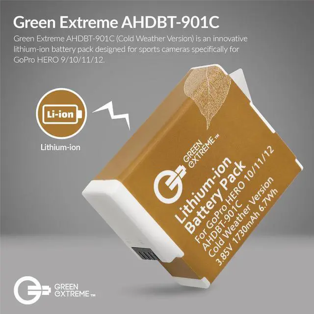 Alt view image 2 of 7 - Green Extreme Battery Charger Kit for GoPro Hero 12 11 10 9, 2-Pack Battery + Triple Charge Case with Type-C Charging Cord 1730mAh, Cold Weather Version, GoPro Replacement Batteries