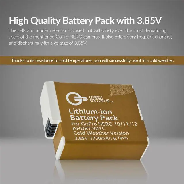 Alt view image 4 of 7 - Green Extreme Battery Charger Kit for GoPro Hero 12 11 10 9, 2-Pack Battery + Triple Charge Case with Type-C Charging Cord 1730mAh, Cold Weather Version, GoPro Replacement Batteries