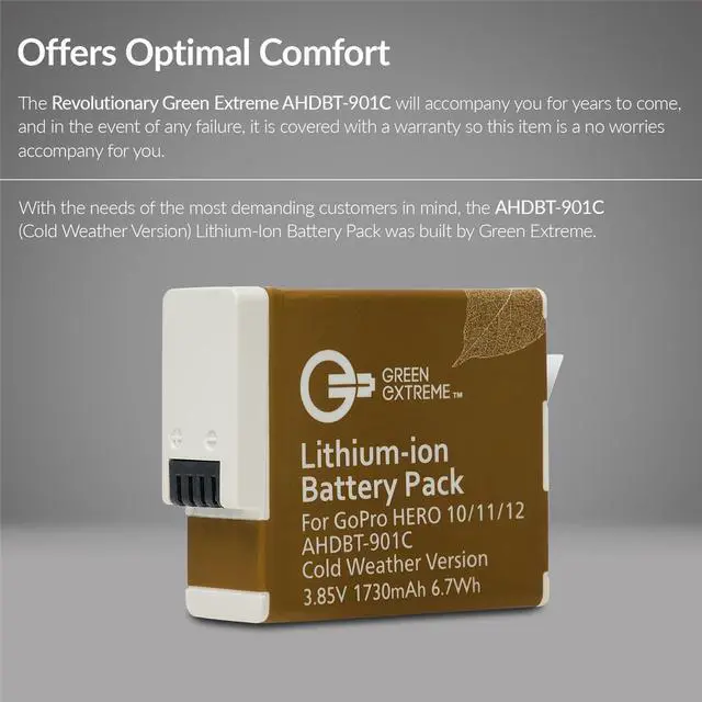 Alt view image 5 of 7 - Green Extreme Battery Charger Kit for GoPro Hero 12 11 10 9, 2-Pack Battery + Triple Charge Case with Type-C Charging Cord 1730mAh, Cold Weather Version, GoPro Replacement Batteries