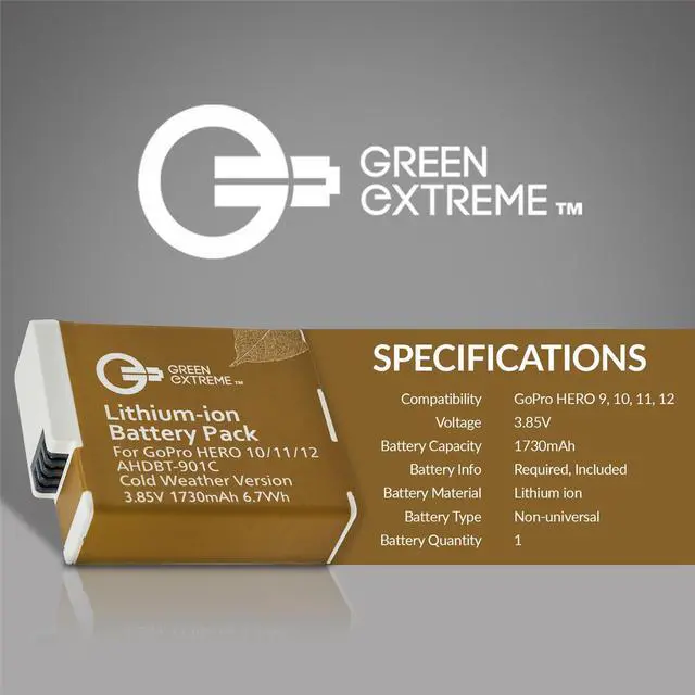 Alt view image 7 of 7 - Green Extreme Battery Charger Kit for GoPro Hero 12 11 10 9, 2-Pack Battery + Triple Charge Case with Type-C Charging Cord 1730mAh, Cold Weather Version, GoPro Replacement Batteries