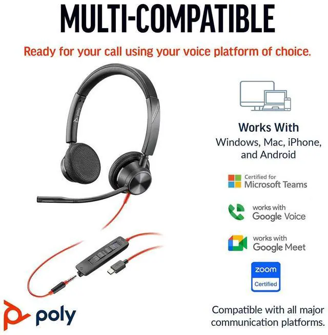 Alt view image 6 of 7 - Poly Blackwire 3325 Headset - Microsoft Teams Certification - Stereo - USB Type C, Mini-phone (3.5mm) - Wired - 32 Ohm - On-ear - Binaural - Ear-cup - 7 ft Cable - Omni-directional Microphone - Black