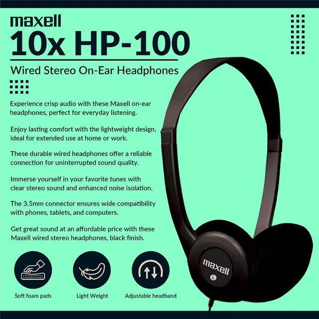 Alt view image 2 of 5 - Maxell HP-100 Wired Stereo On-Ear Headphones, Black, 10-Pack #190319 10