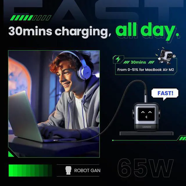 Alt view image 4 of 7 - UGREEN Uno Robot 65W 3-In-1 USB-C PD GaN Fast Charger, Space Gray