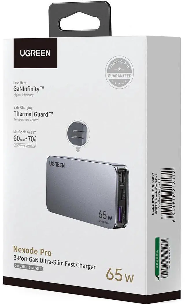 Alt view image 4 of 7 - UGREEN Nexode Pro 65W 3-in-1 USB-C GaN Ultra-Slim Wall Charger, Black