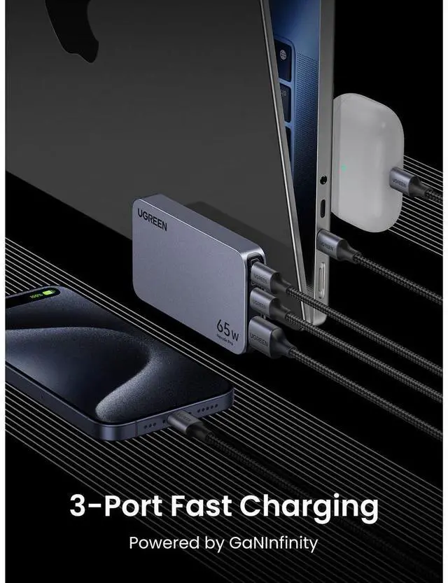 Alt view image 5 of 7 - UGREEN Nexode Pro 65W 3-in-1 USB-C GaN Ultra-Slim Wall Charger, Black