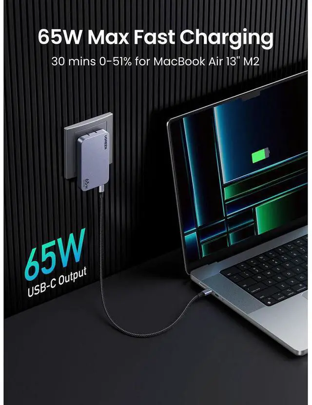 Alt view image 6 of 7 - UGREEN Nexode Pro 65W 3-in-1 USB-C GaN Ultra-Slim Wall Charger, Black
