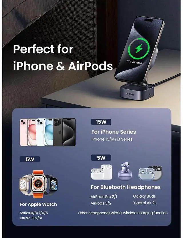 Alt view image 5 of 7 - UGREEN Qi2 2-In-1 Magnetic Foldable Fast Charging Station, Gray