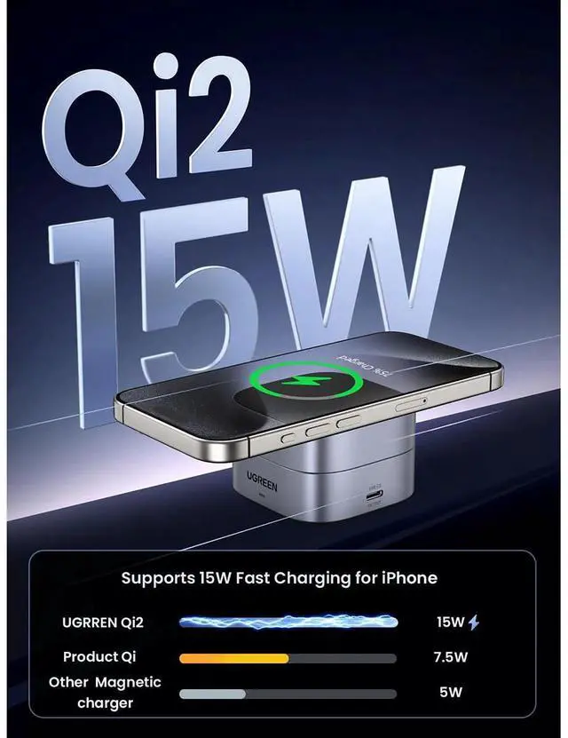 Alt view image 2 of 7 - UGREEN Qi2 2-In-1 Magnetic Foldable Fast Charging Station, Gray
