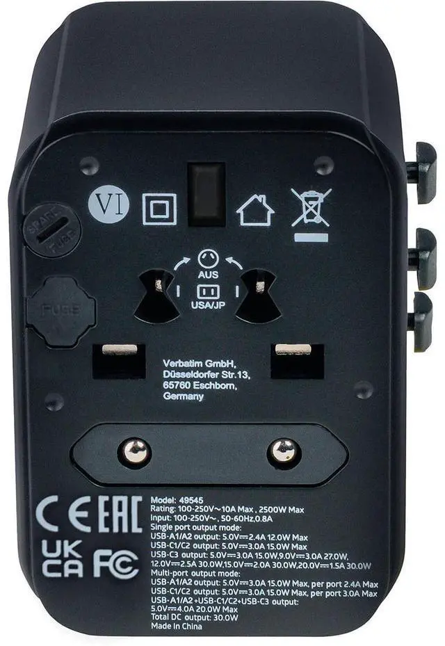 Alt view image 14 of 15 - Verbatim UTA-03 Universal Travel Adapter 30W - USB -C, USB-A - 120 V AC, 230 V AC Input - 5 V DC, 9 V DC, 12 V DC, 15 V DC, 20 V DC Output - 3 A
