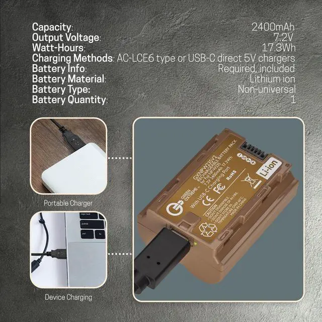 Alt view image 7 of 7 - Green Extreme NP-W235 17.3Wh 7.2V 2400mAh Lithium-Ion Battery Pack with USB-C Charging Port